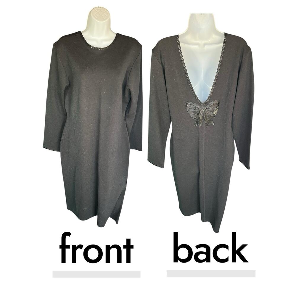 Vintage 90s Talbots Depeche Women's XL Beaded Low Back Wool Blend Dress Black